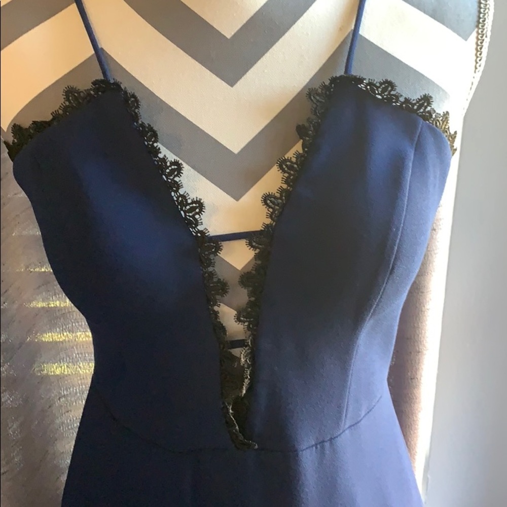 Aidan blue dress with black lace detail